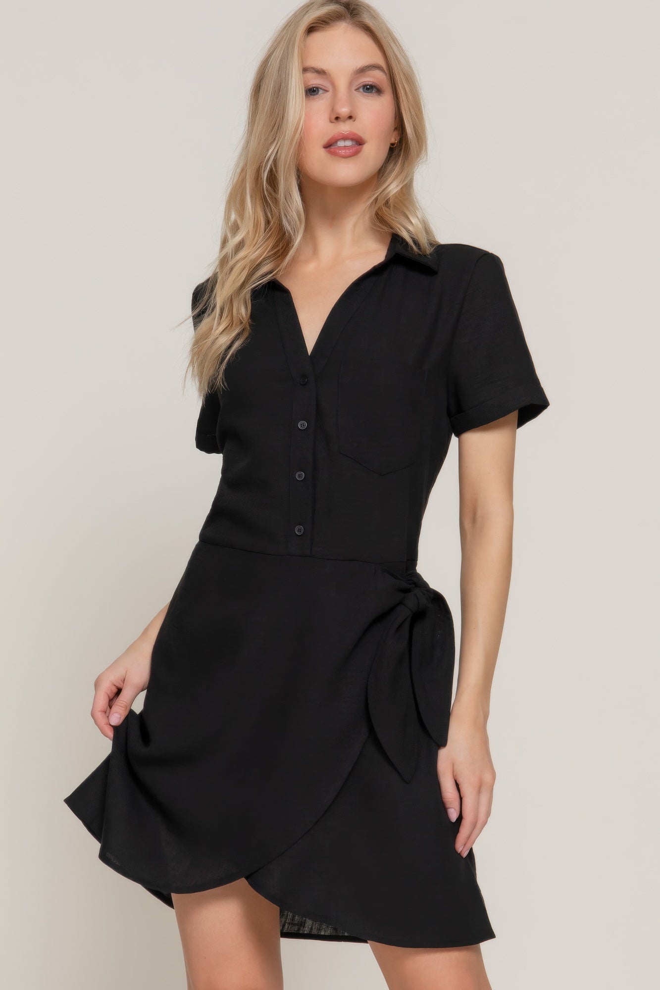 Button Down Side Bow Linen Effect Mini Dress - Wear Arielle