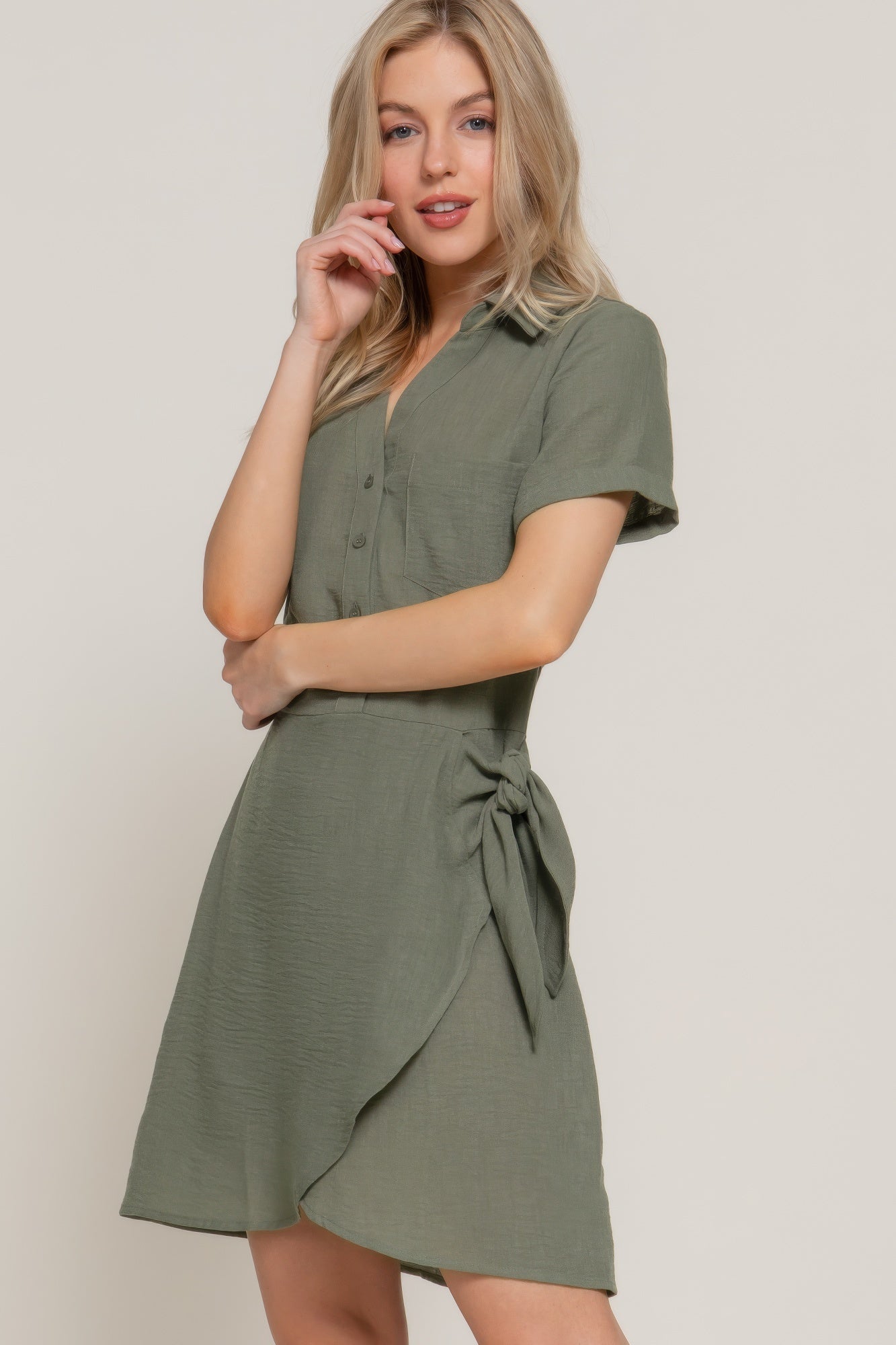 Button Down Side Bow Linen Effect Mini Dress - Wear Arielle