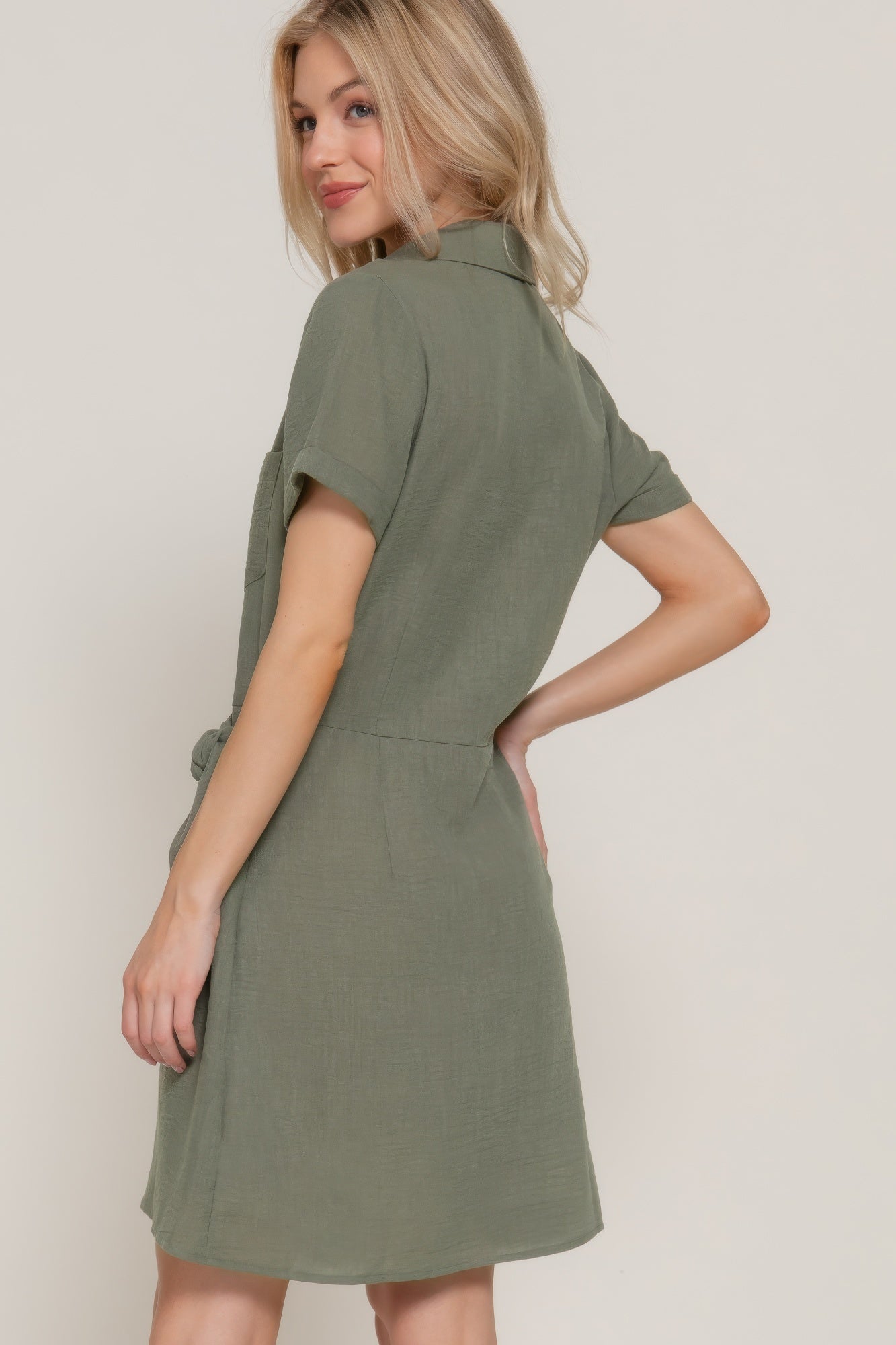 Button Down Side Bow Linen Effect Mini Dress - Wear Arielle