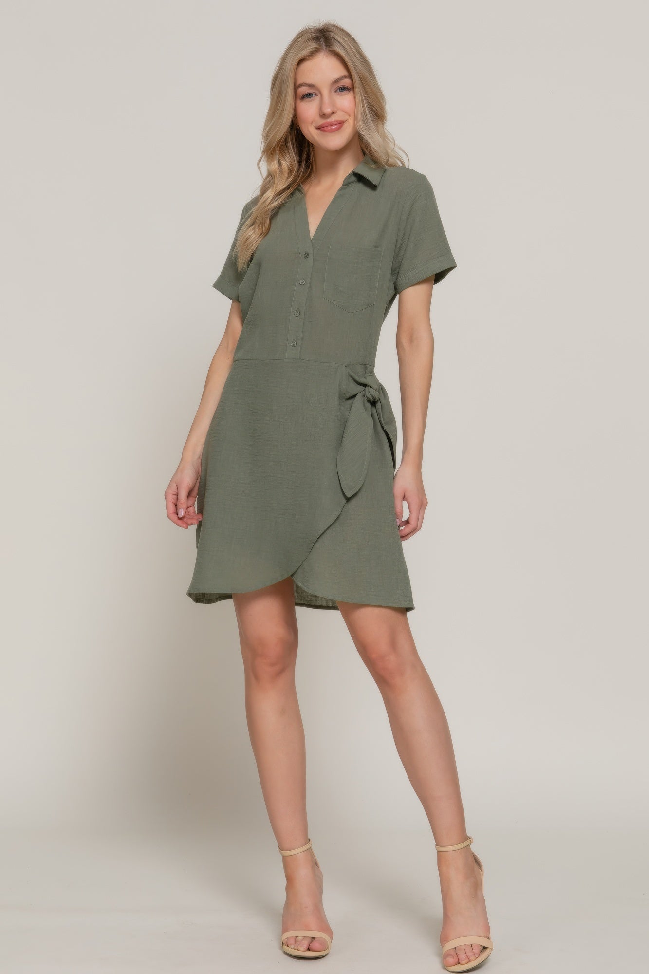 Button Down Side Bow Linen Effect Mini Dress - Wear Arielle