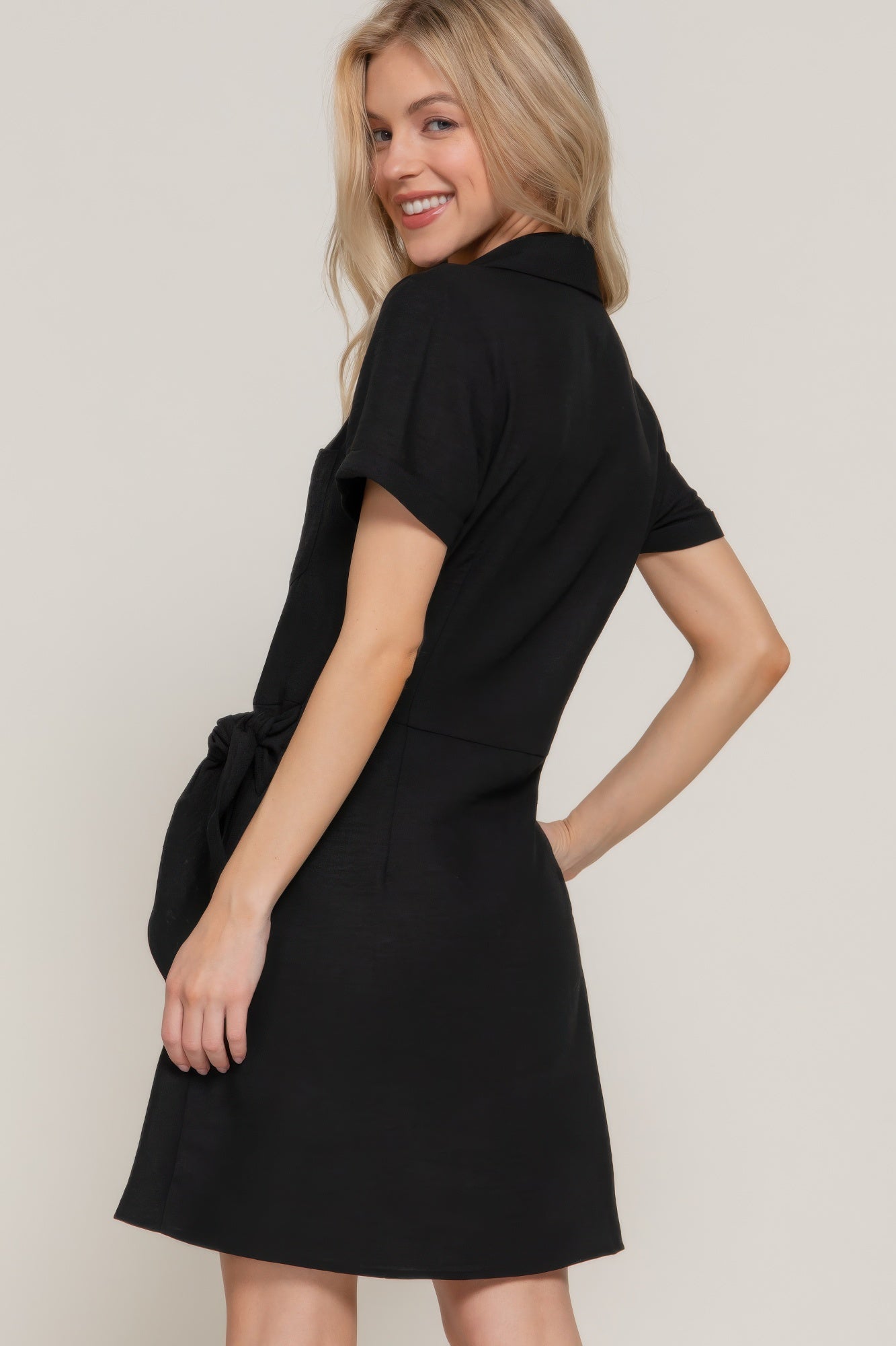 Button Down Side Bow Linen Effect Mini Dress - Wear Arielle
