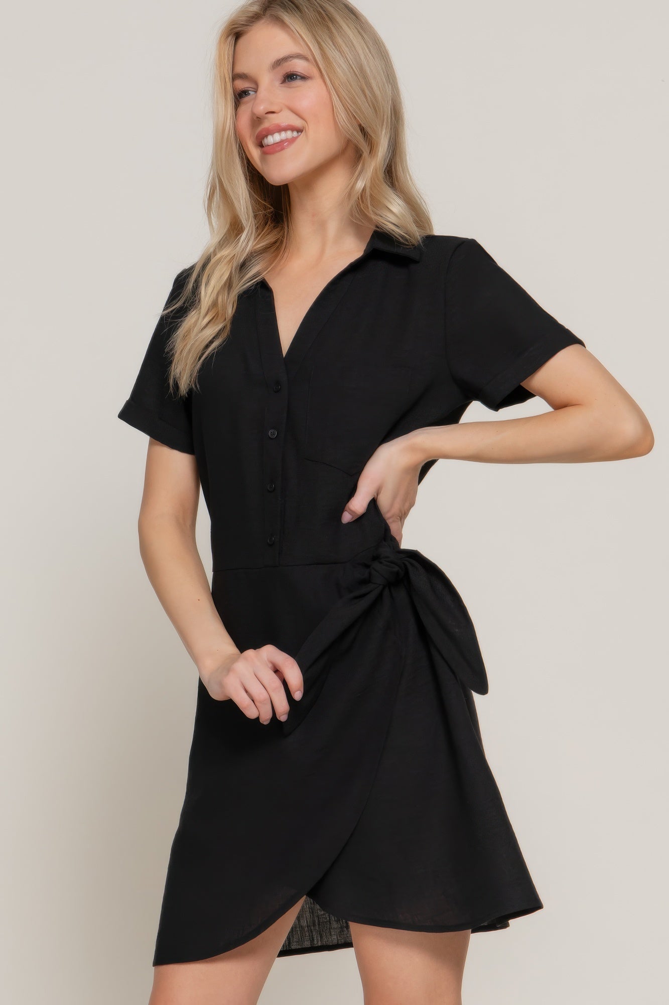 Button Down Side Bow Linen Effect Mini Dress - Wear Arielle