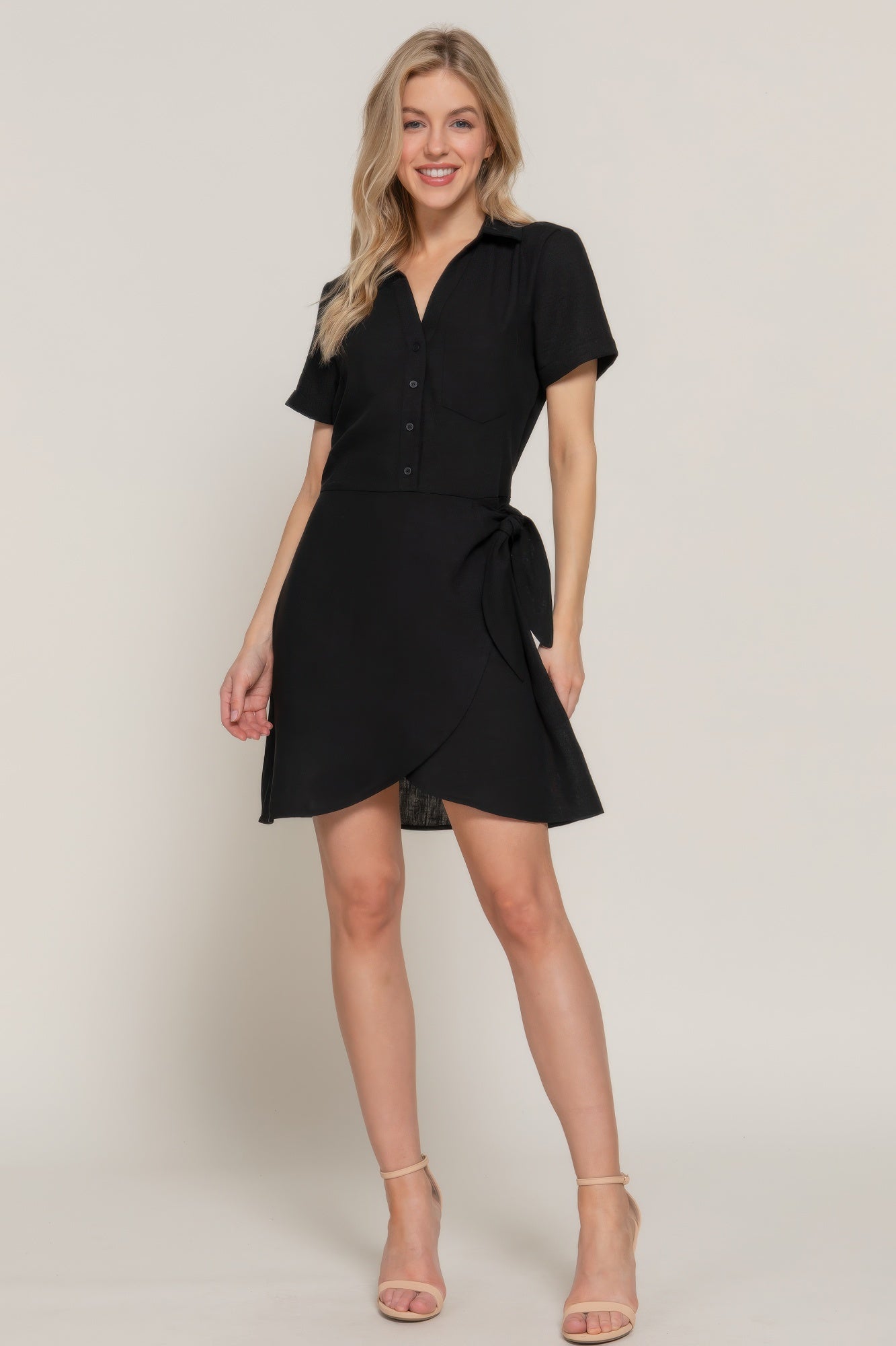 Button Down Side Bow Linen Effect Mini Dress - Wear Arielle