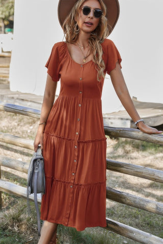 Button V Neck Tiered Short Sleeve Midi Dress - Wear Arielle