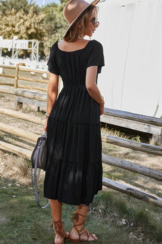 Button V Neck Tiered Short Sleeve Midi Dress - Wear Arielle