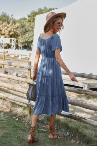 Button V Neck Tiered Short Sleeve Midi Dress - Wear Arielle