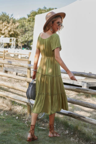 Button V Neck Tiered Short Sleeve Midi Dress - Wear Arielle