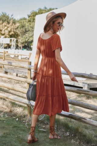 Button V Neck Tiered Short Sleeve Midi Dress - Wear Arielle