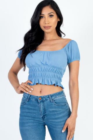 Casual Ruched Puff Sleeve Ribbed Knit Solid Top - Wear Arielle