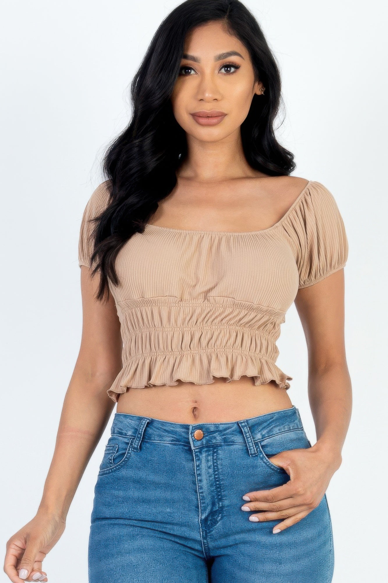 Casual Ruched Puff Sleeve Ribbed Knit Solid Top - Wear Arielle