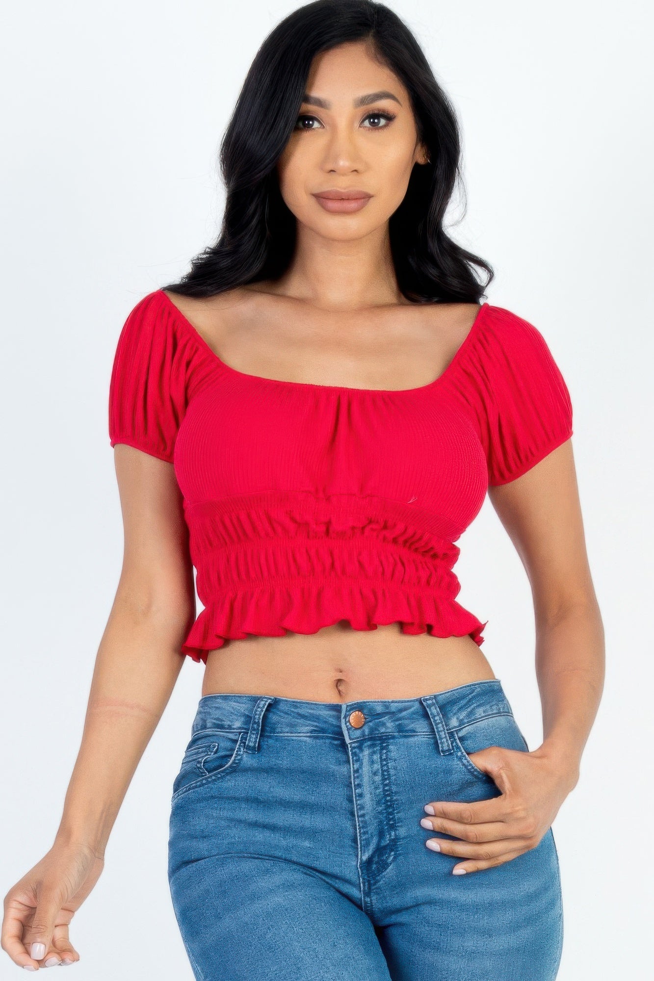Casual Ruched Puff Sleeve Ribbed Knit Solid Top - Wear Arielle