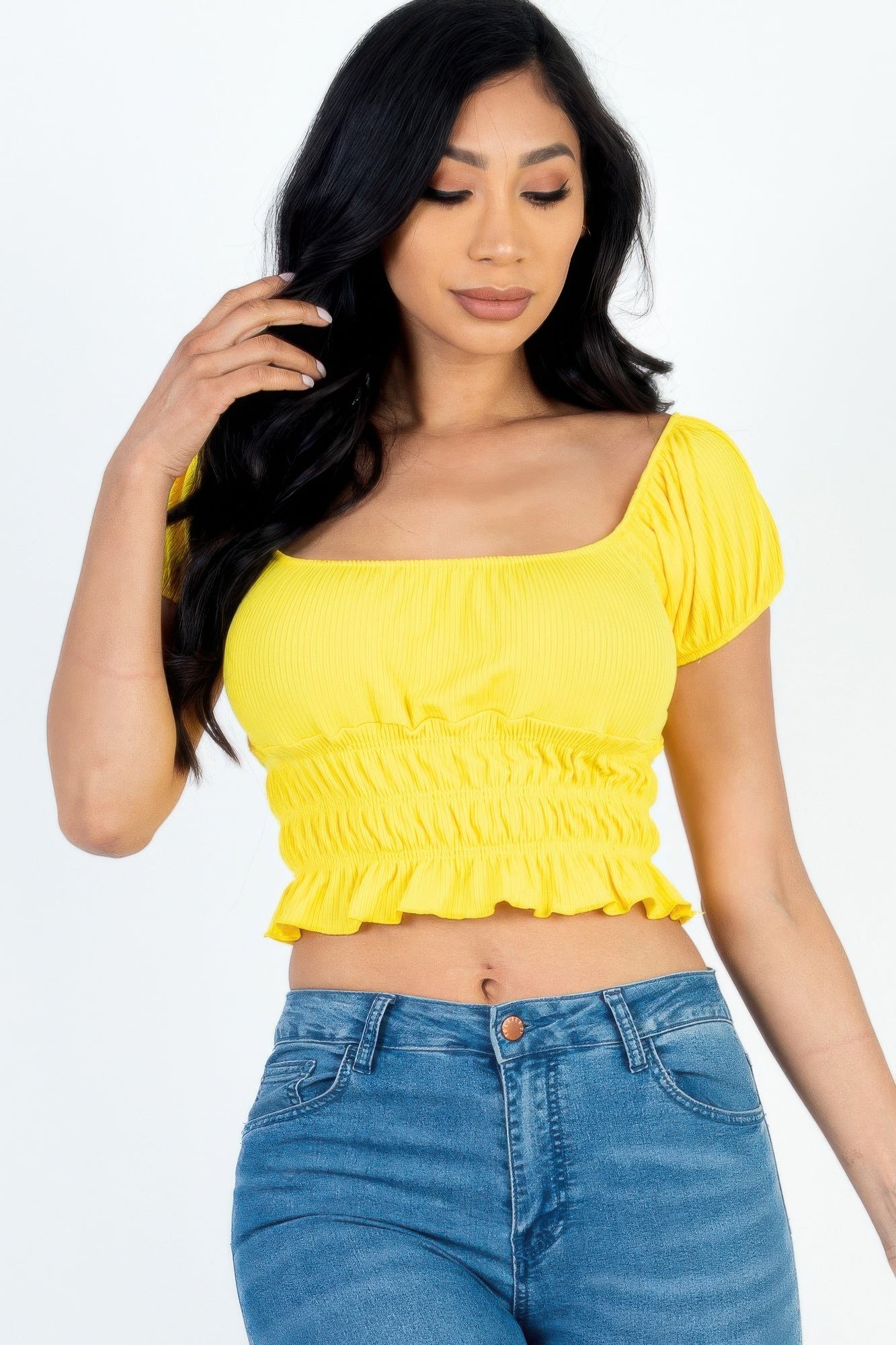 Casual Ruched Puff Sleeve Ribbed Knit Solid Top - Wear Arielle