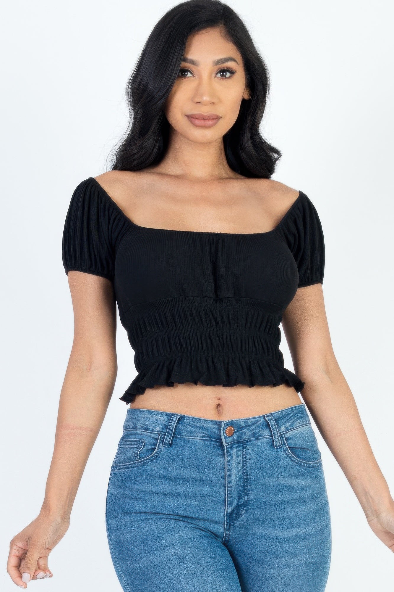 Casual Ruched Puff Sleeve Ribbed Knit Solid Top - Wear Arielle