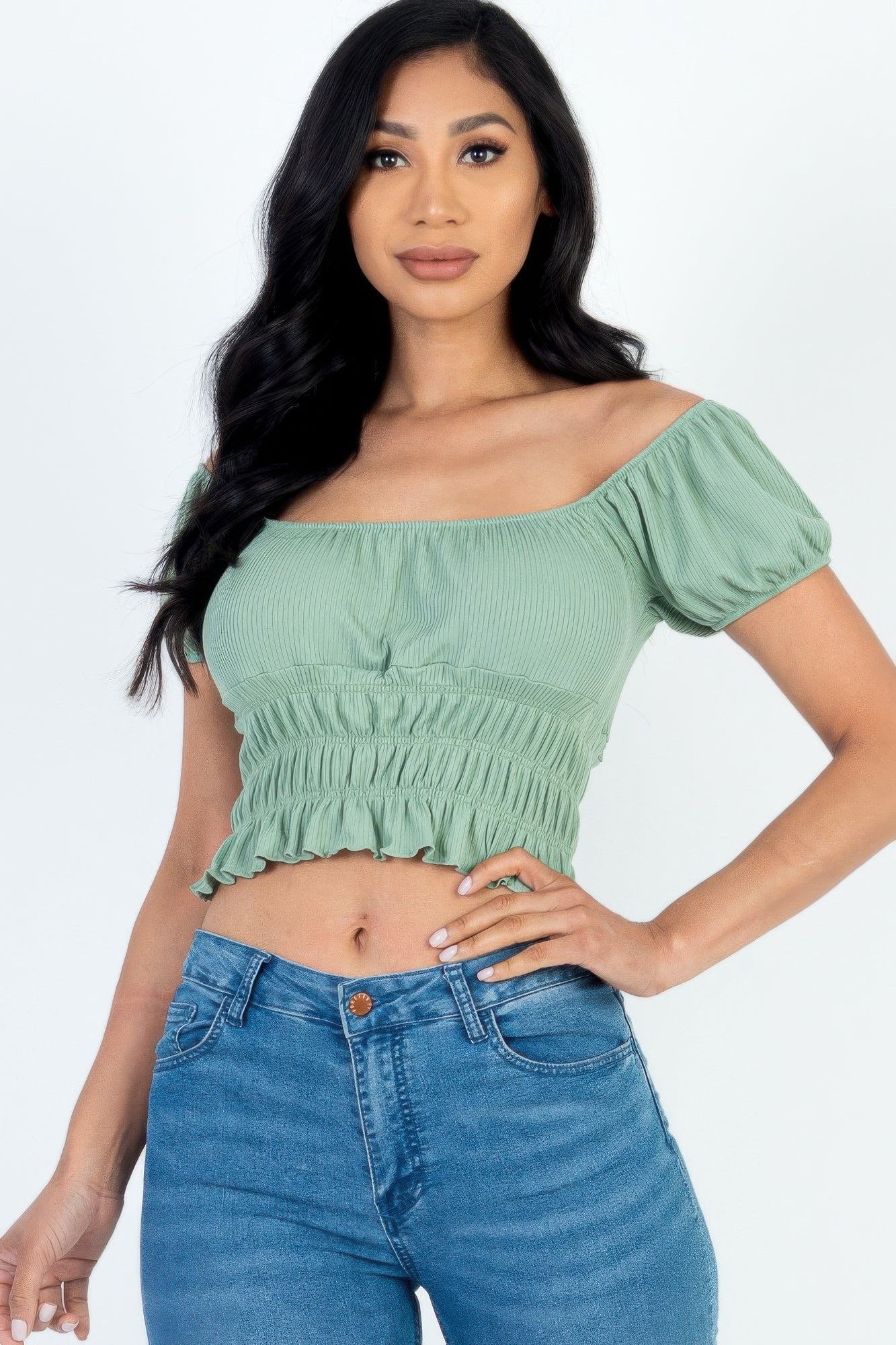 Casual Ruched Puff Sleeve Ribbed Knit Solid Top - Wear Arielle