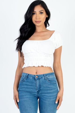 Casual Ruched Puff Sleeve Ribbed Knit Solid Top - Wear Arielle