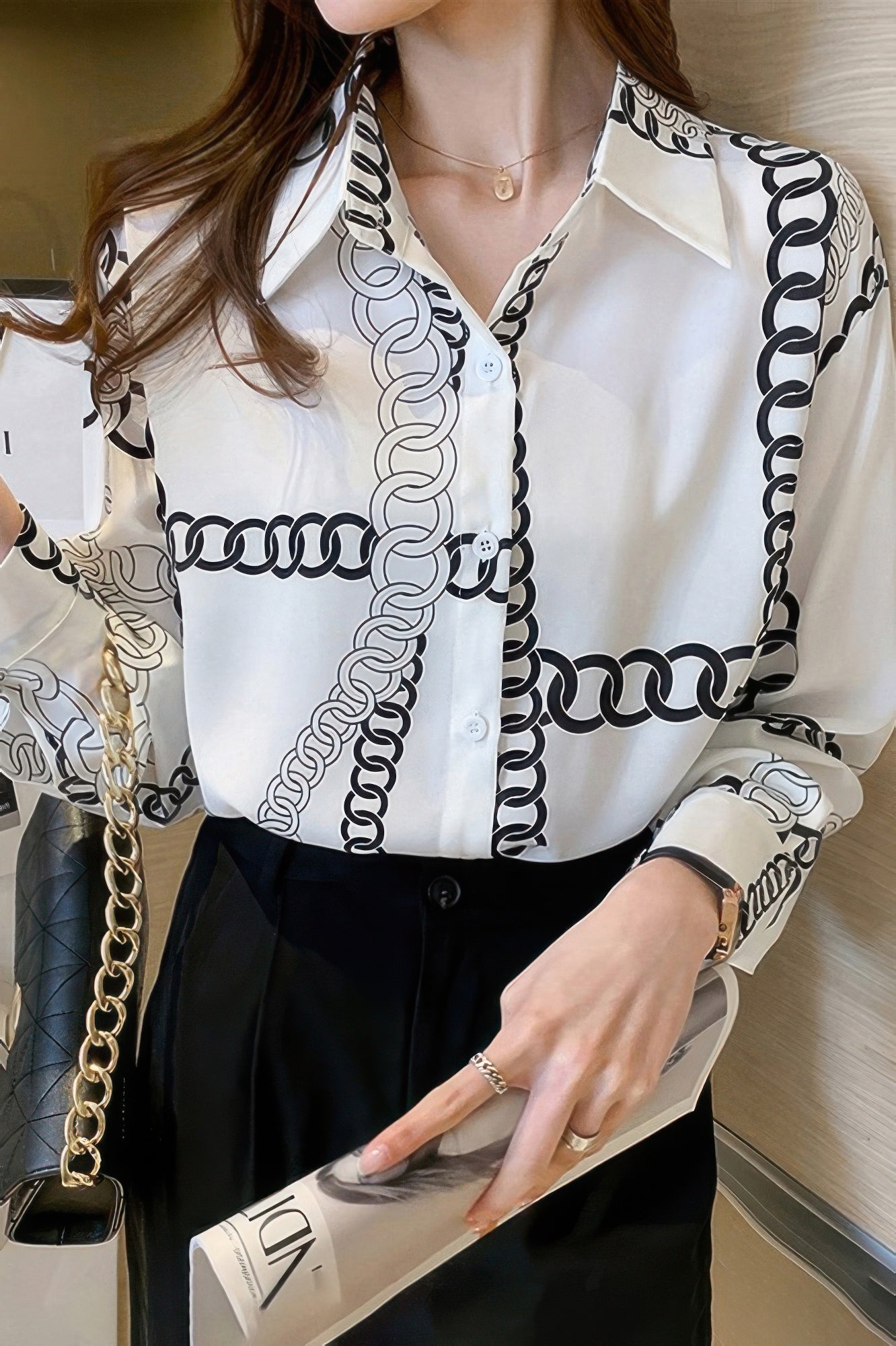 Chain Print Drop Shoulder Loose Fit Blouse - Wear Arielle