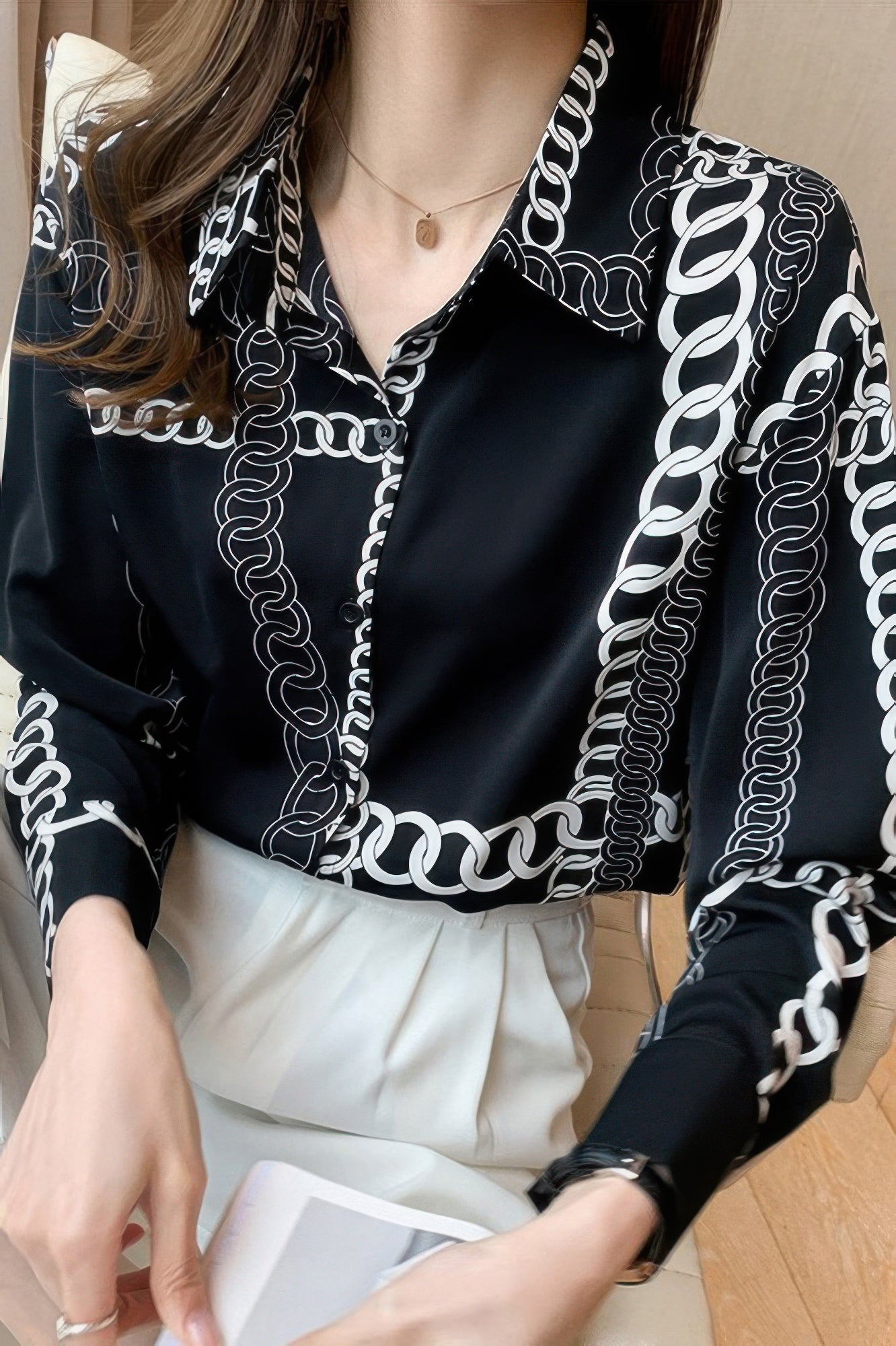 Chain Print Drop Shoulder Loose Fit Blouse - Wear Arielle