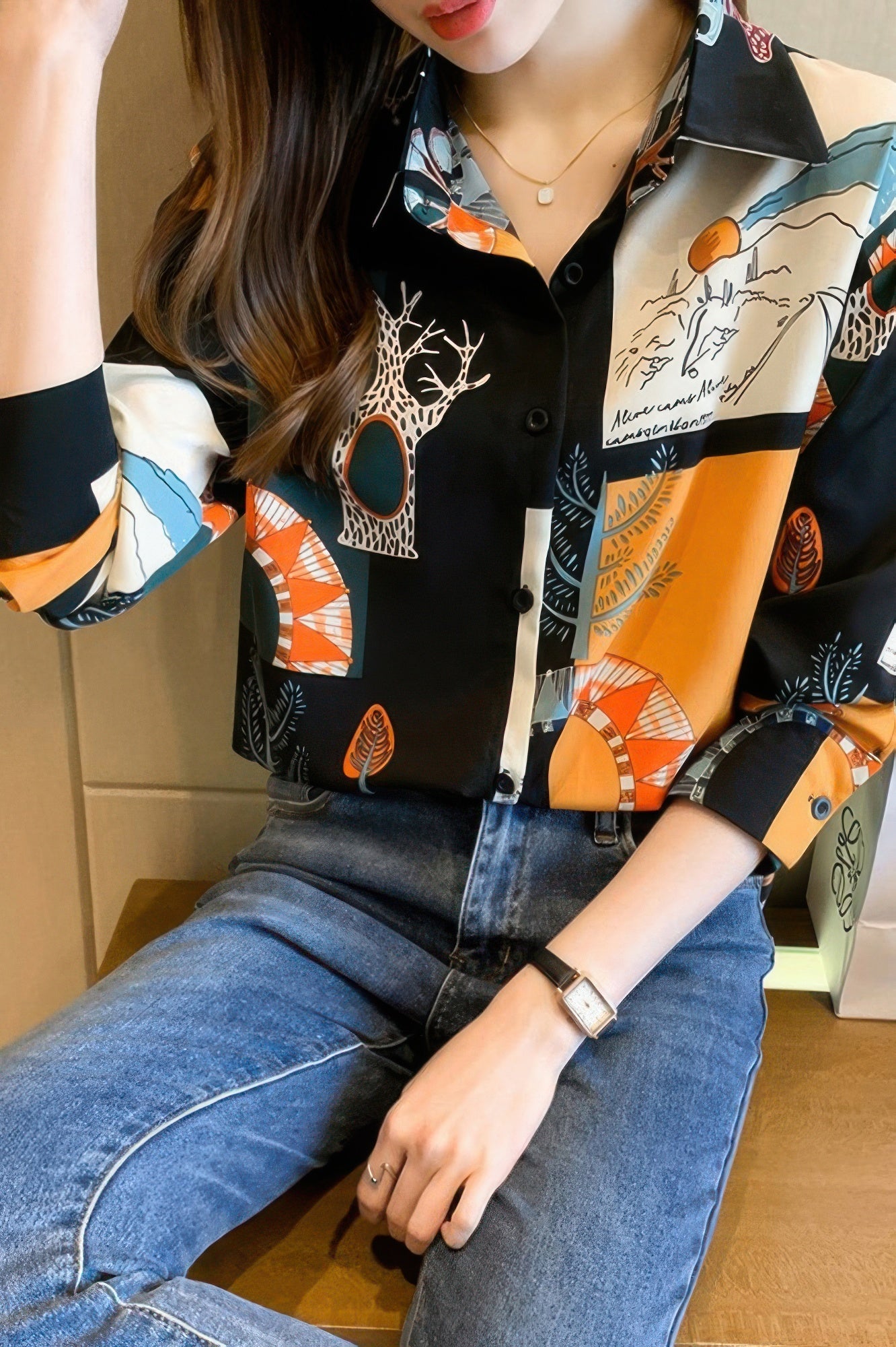 Chain Print Drop Shoulder Loose Fit Blouse - Wear Arielle