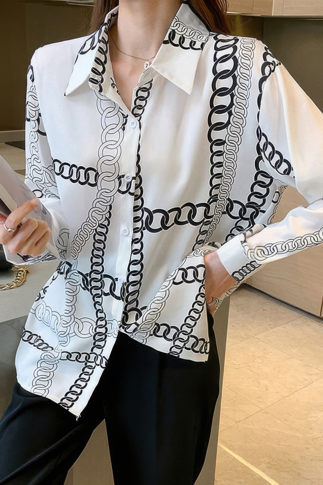 Chain Print Drop Shoulder Loose Fit Blouse - Wear Arielle