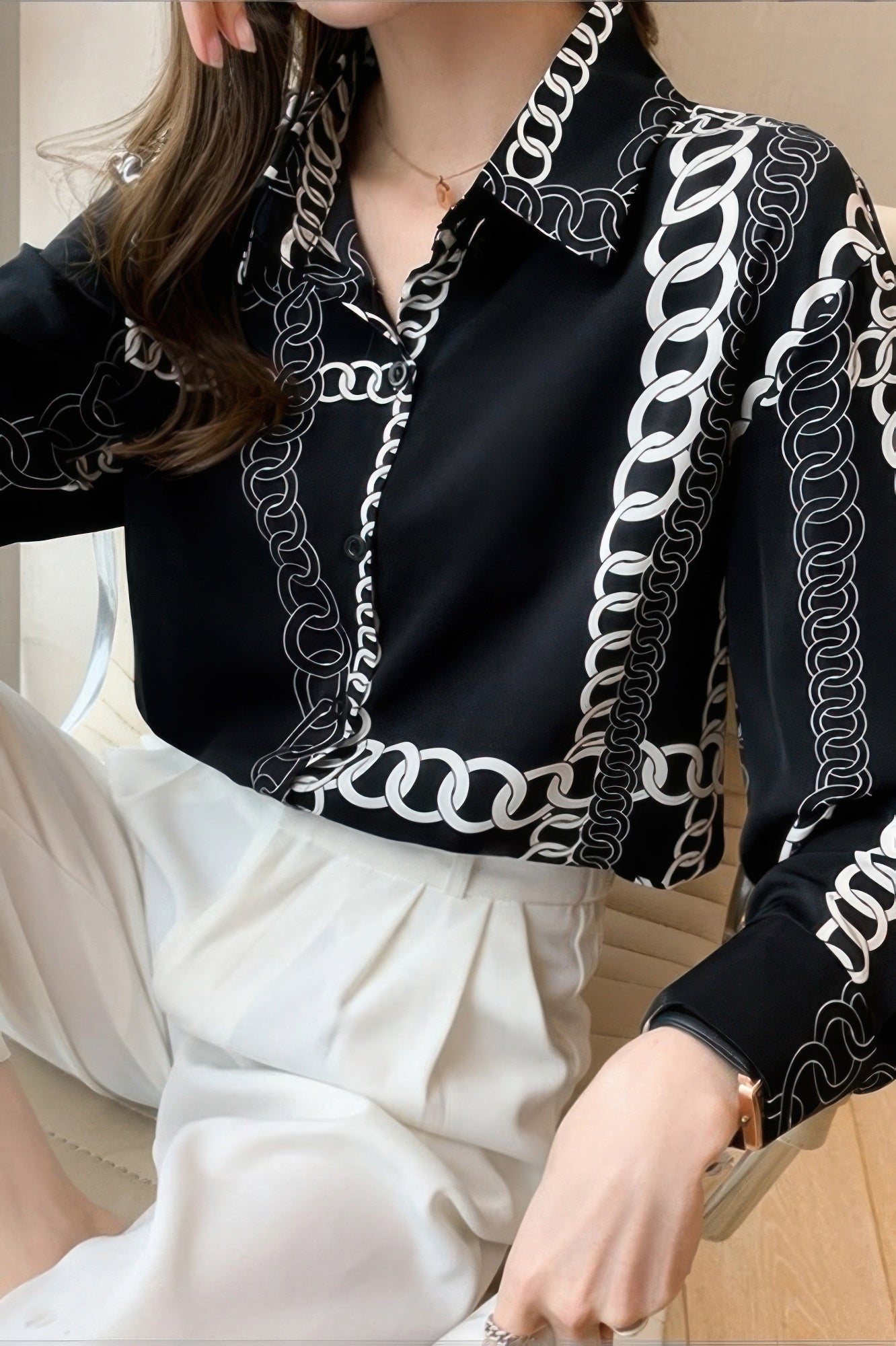 Chain Print Drop Shoulder Loose Fit Blouse - Wear Arielle