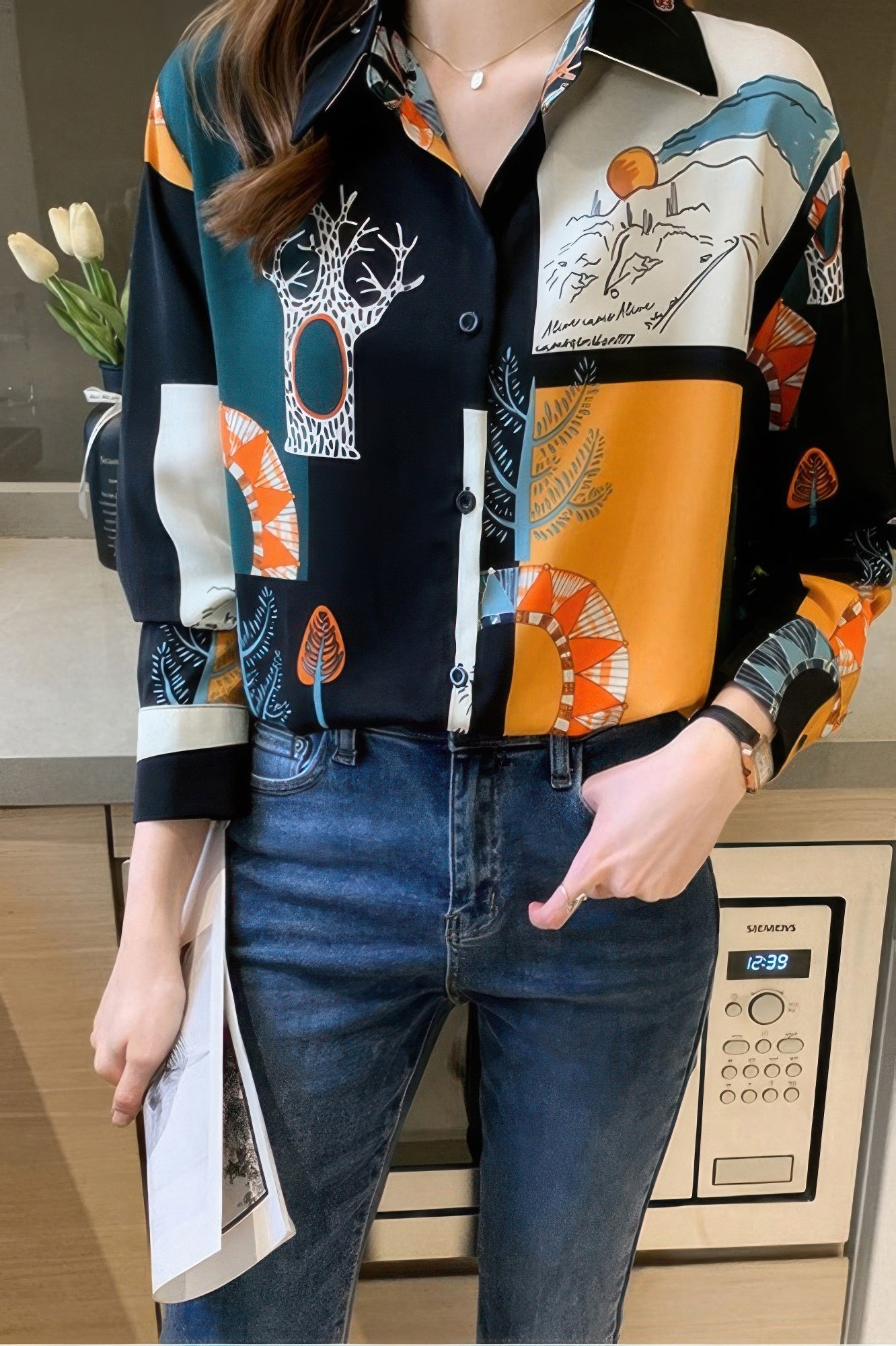Chain Print Drop Shoulder Loose Fit Blouse - Wear Arielle