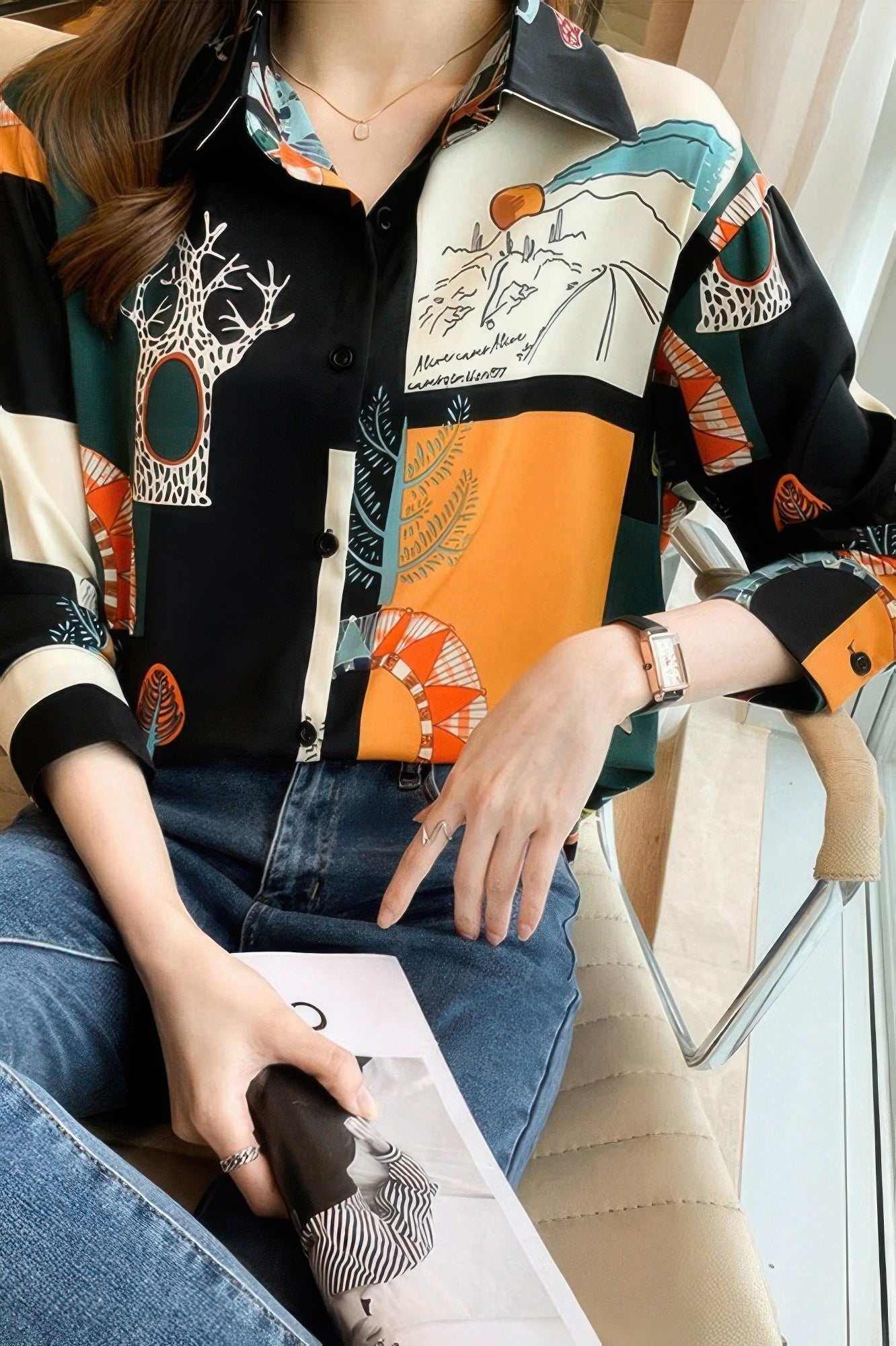 Chain Print Drop Shoulder Loose Fit Blouse - Wear Arielle
