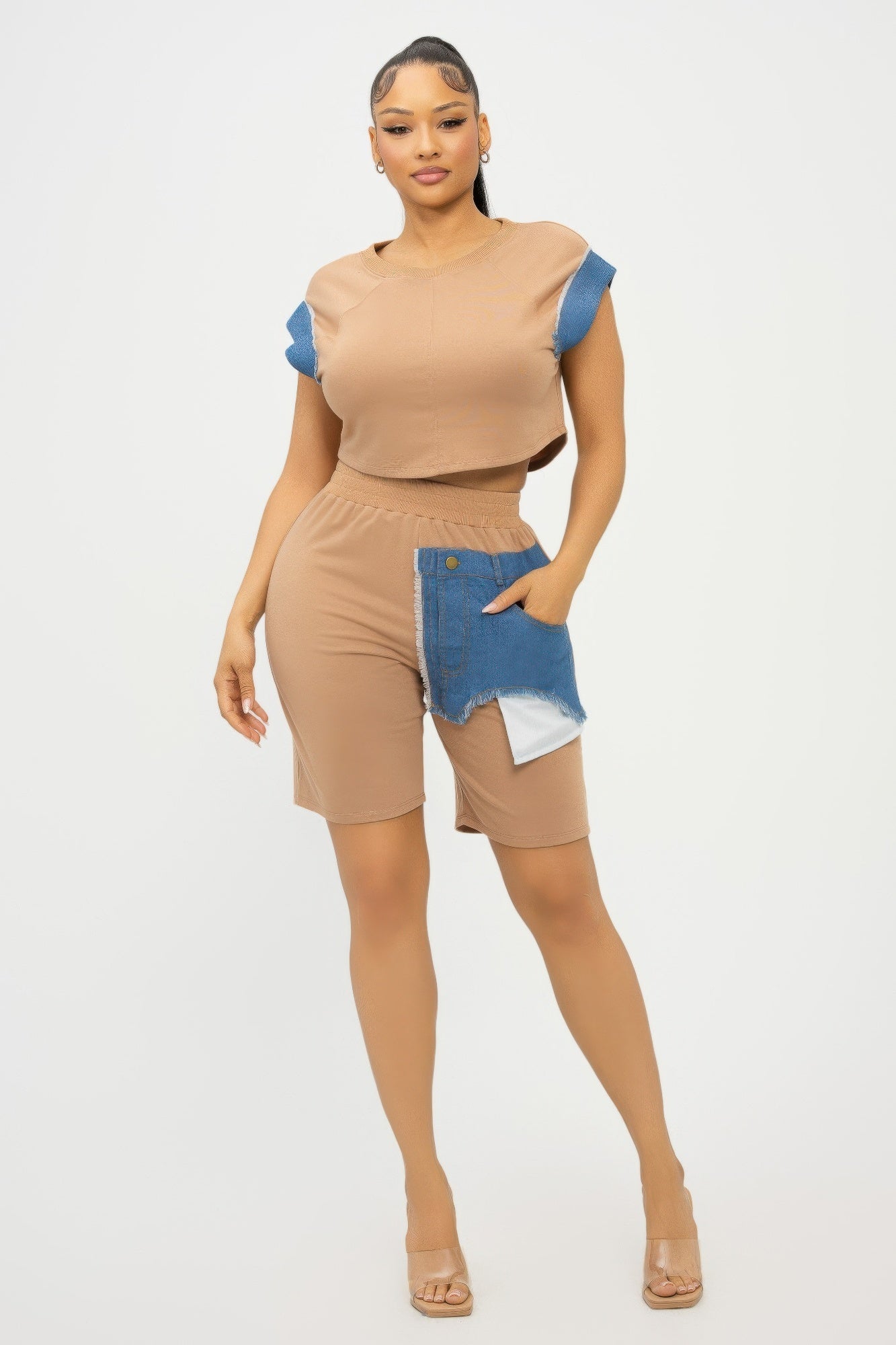 Color Block Denim Sleeve Top And Biker Shorts Set - Wear Arielle