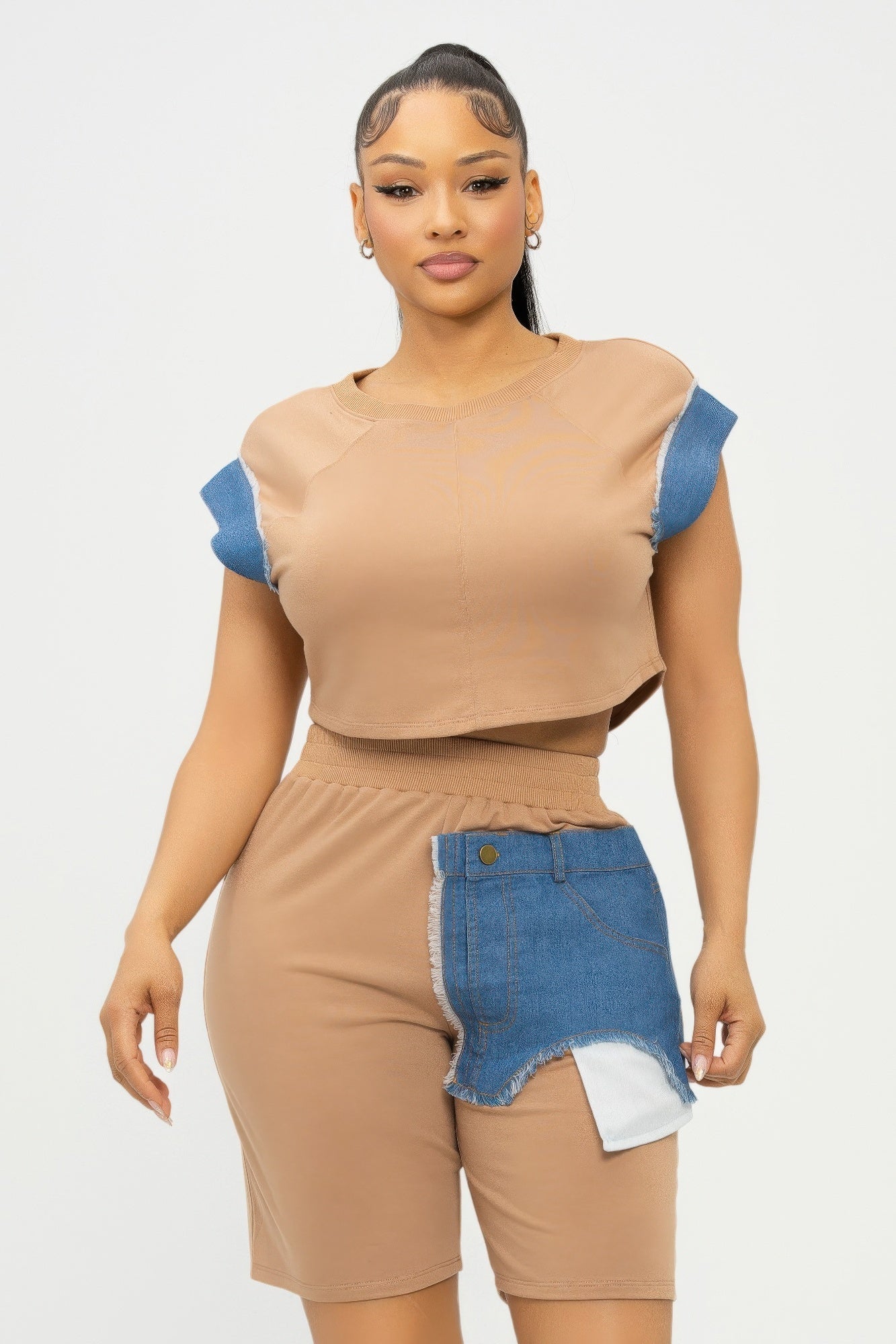 Color Block Denim Sleeve Top And Biker Shorts Set - Wear Arielle