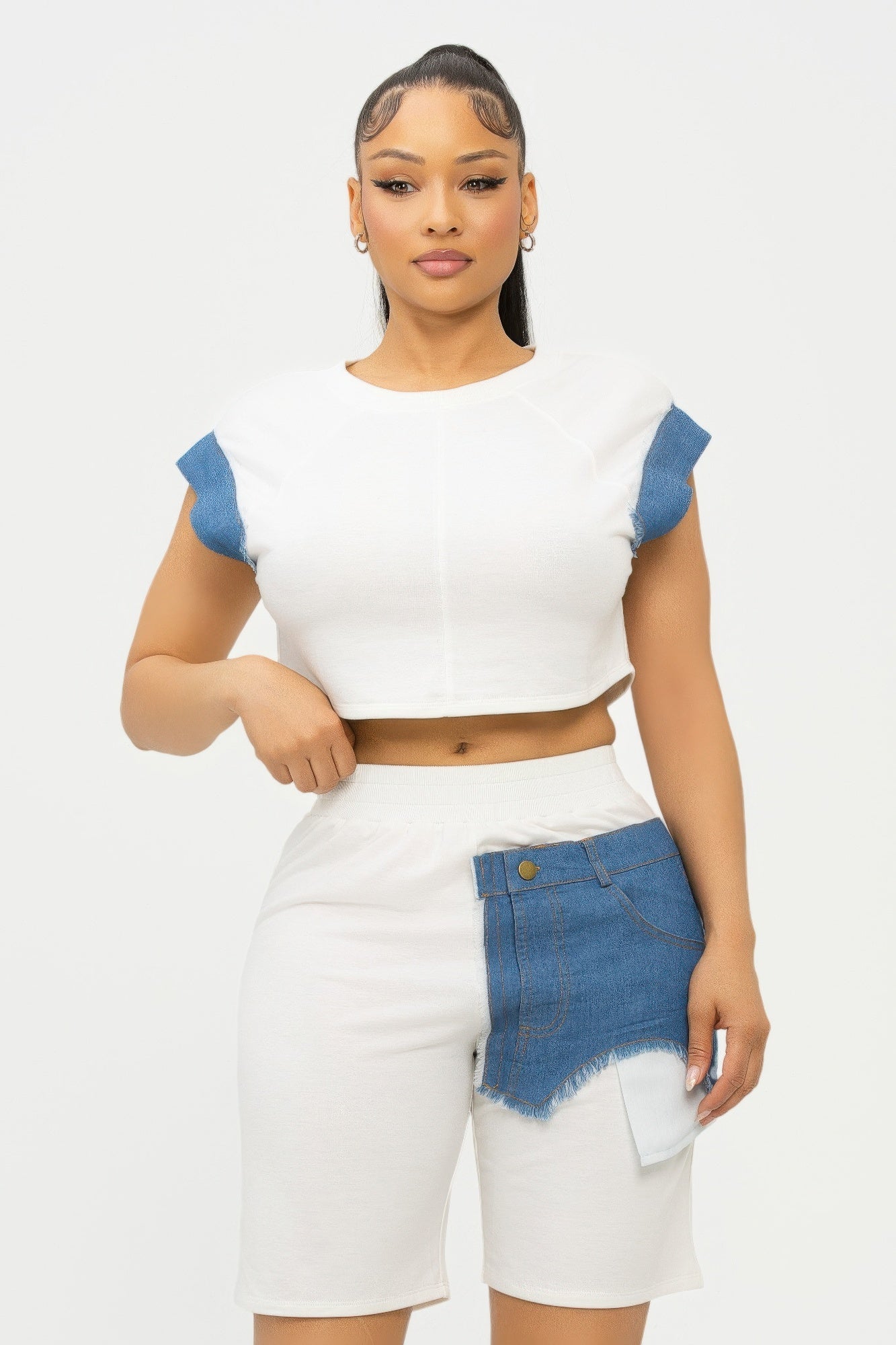 Color Block Denim Sleeve Top And Biker Shorts Set - Wear Arielle