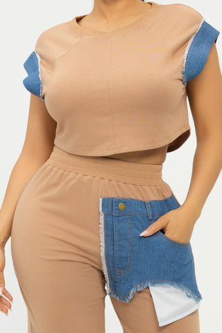 Color Block Denim Sleeve Top And Biker Shorts Set - Wear Arielle