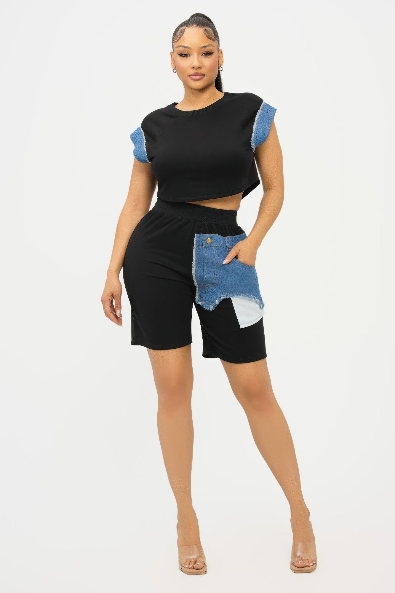 Color Block Denim Sleeve Top And Biker Shorts Set - Wear Arielle