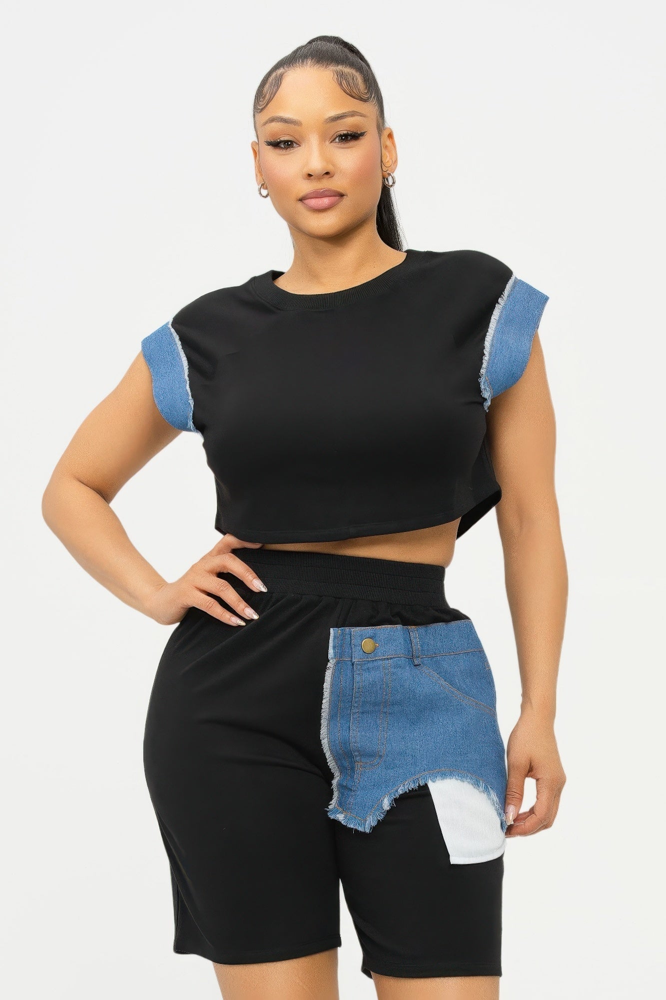 Color Block Denim Sleeve Top And Biker Shorts Set - Wear Arielle