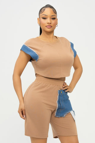 Color Block Denim Sleeve Top And Biker Shorts Set - Wear Arielle