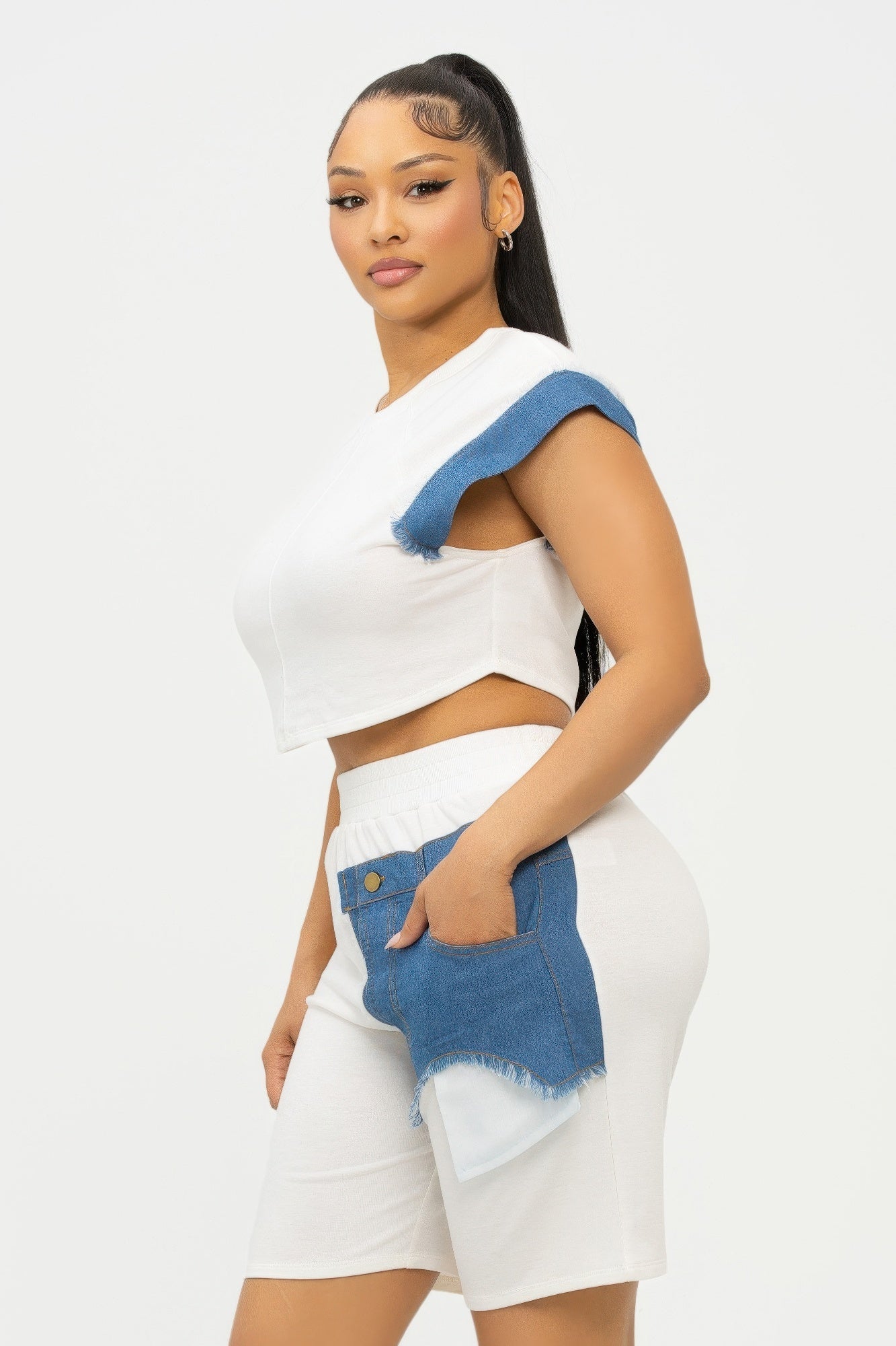 Color Block Denim Sleeve Top And Biker Shorts Set - Wear Arielle