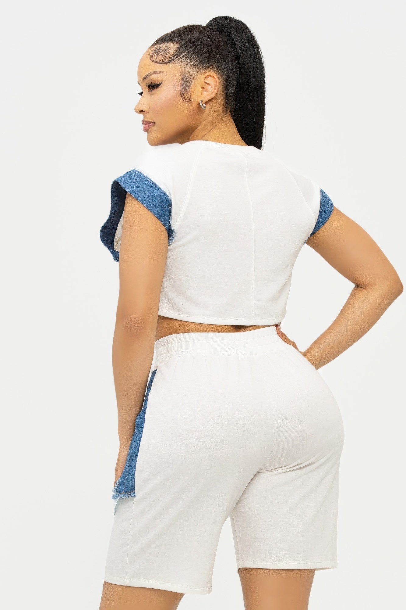 Color Block Denim Sleeve Top And Biker Shorts Set - Wear Arielle