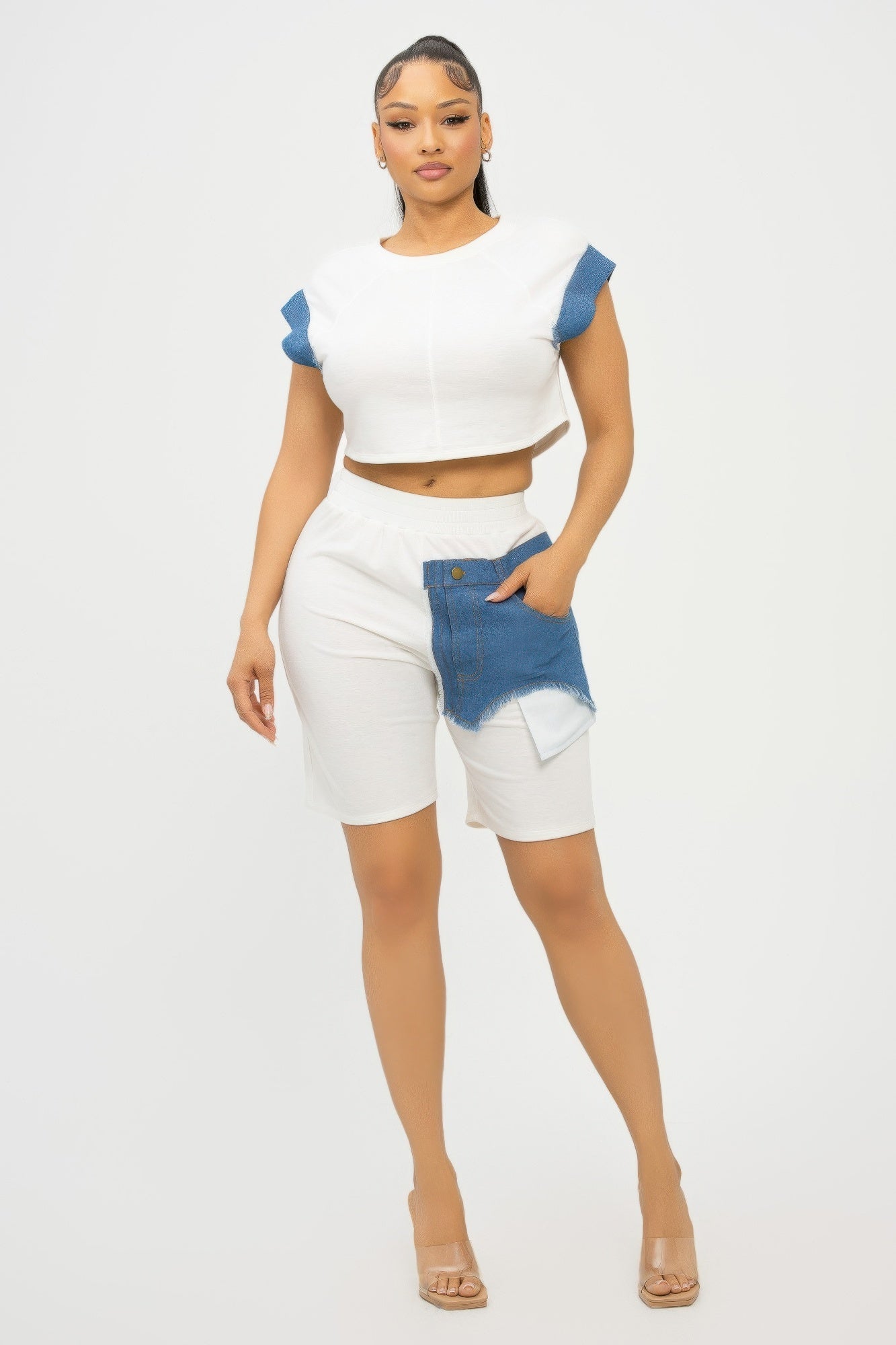 Color Block Denim Sleeve Top And Biker Shorts Set - Wear Arielle