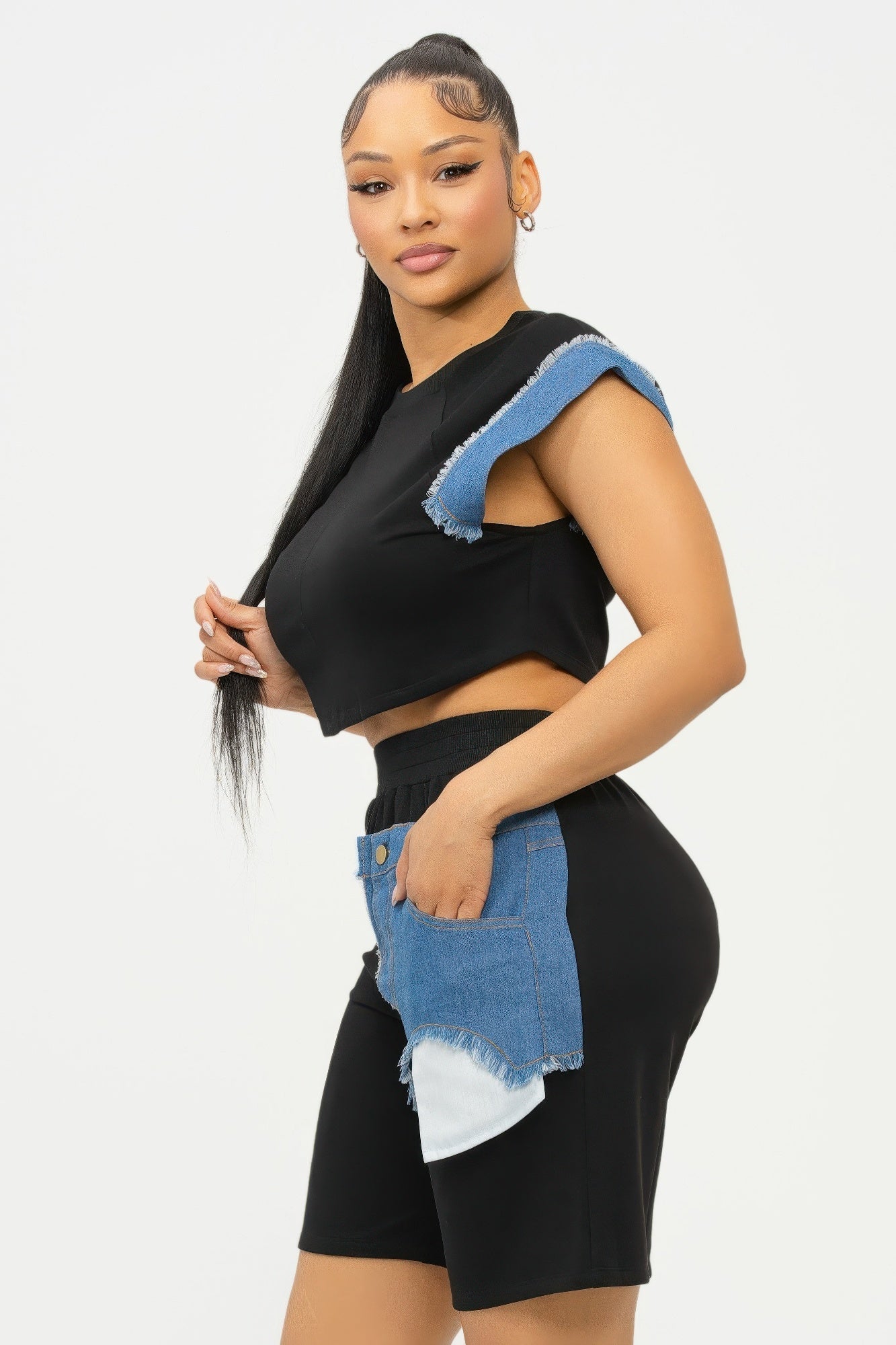 Color Block Denim Sleeve Top And Biker Shorts Set - Wear Arielle