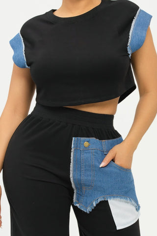 Color Block Denim Sleeve Top And Biker Shorts Set - Wear Arielle