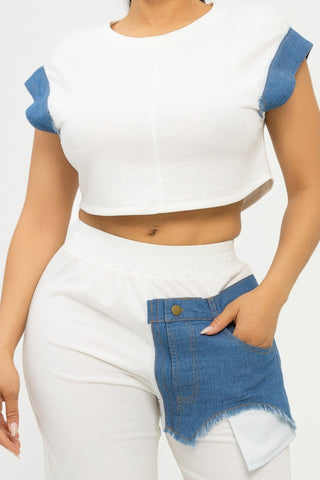 Color Block Denim Sleeve Top And Biker Shorts Set - Wear Arielle