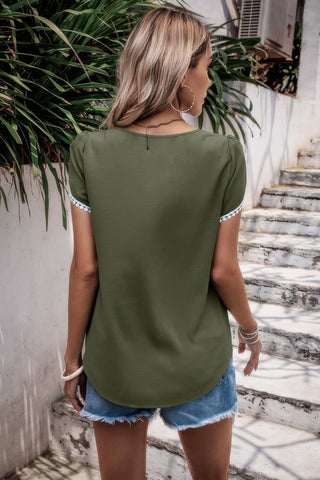 Color Block Trim Flutter Sleeve Round Neck Top - Wear Arielle