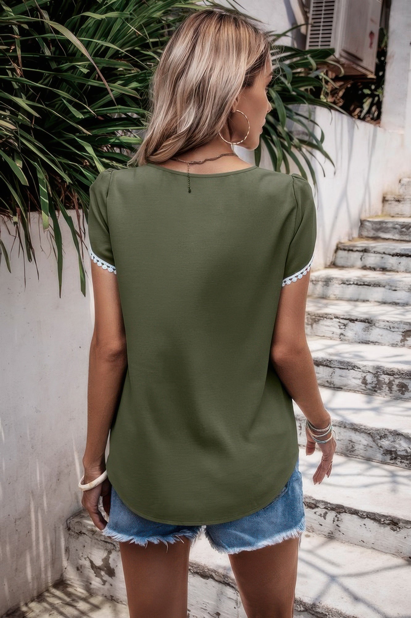 Color Block Trim Flutter Sleeve Round Neck Top - Wear Arielle