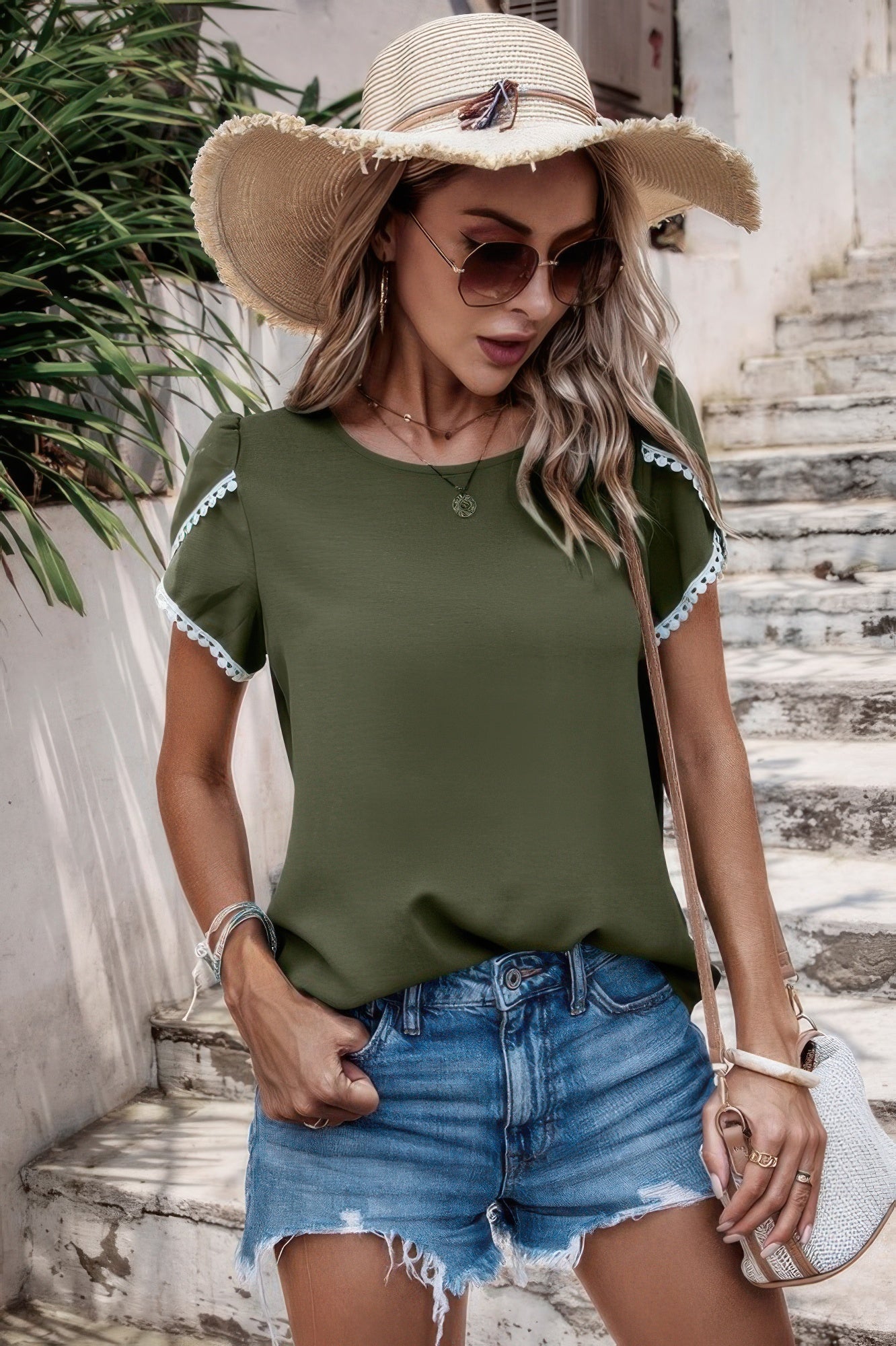 Color Block Trim Flutter Sleeve Round Neck Top - Wear Arielle