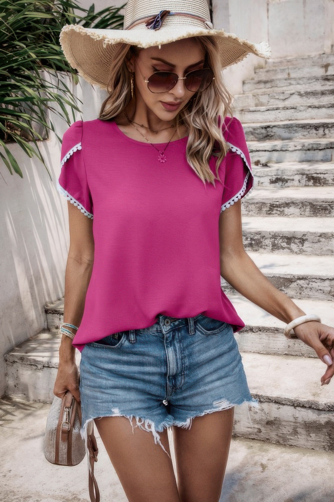Color Block Trim Flutter Sleeve Round Neck Top - Wear Arielle