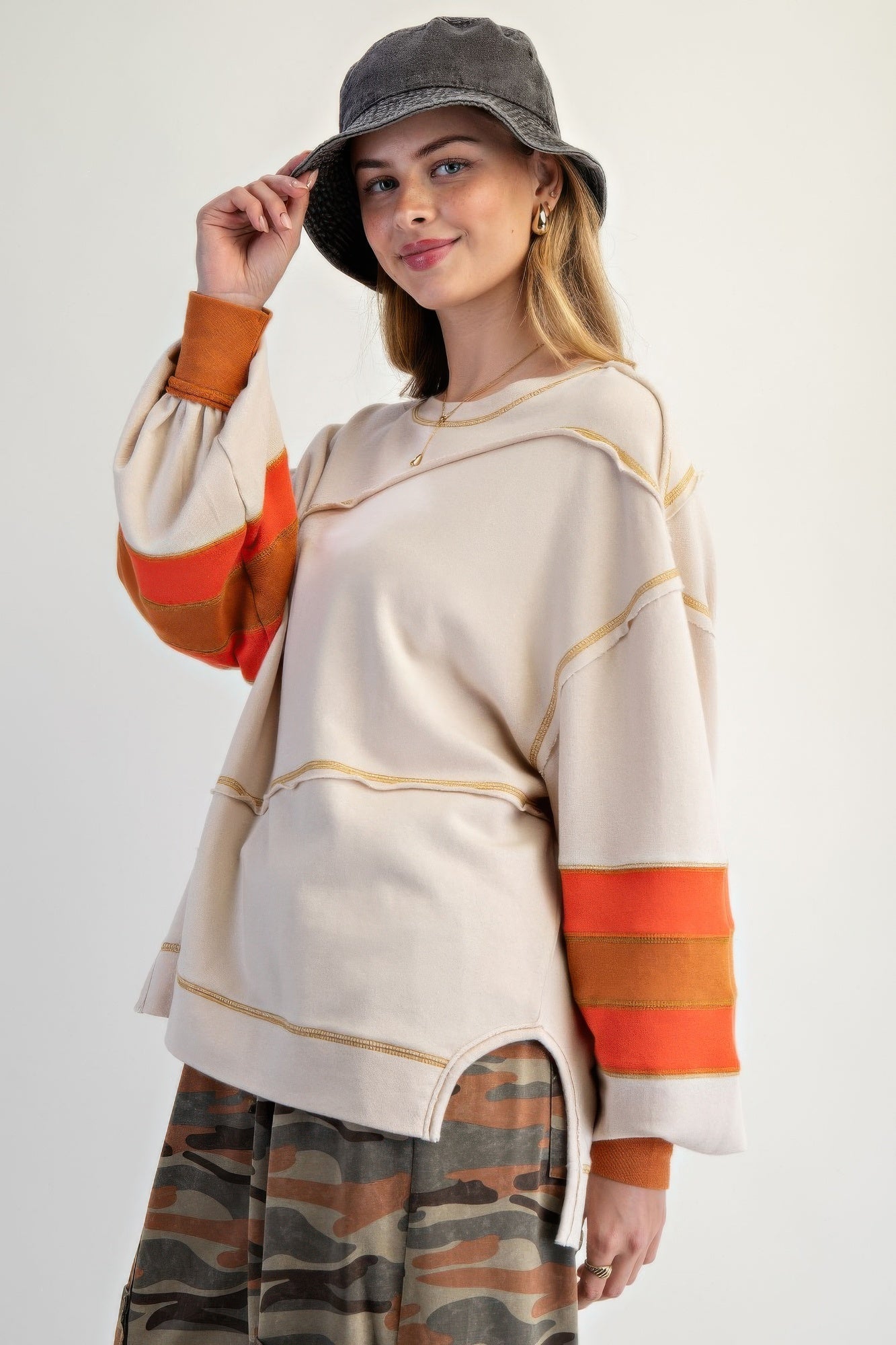 Color Mix Embroidered Washed Pullover - Wear Arielle