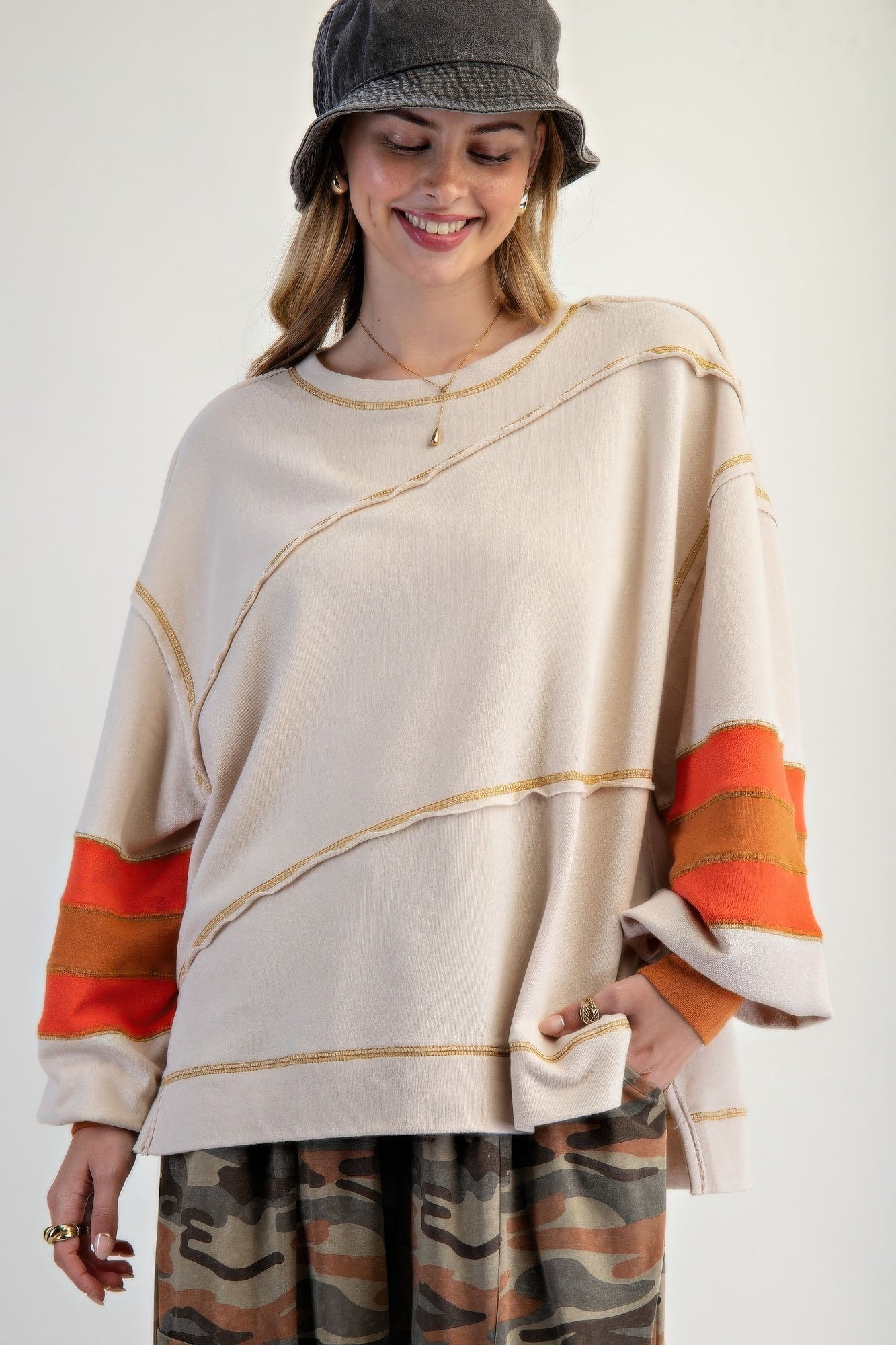 Color Mix Embroidered Washed Pullover - Wear Arielle