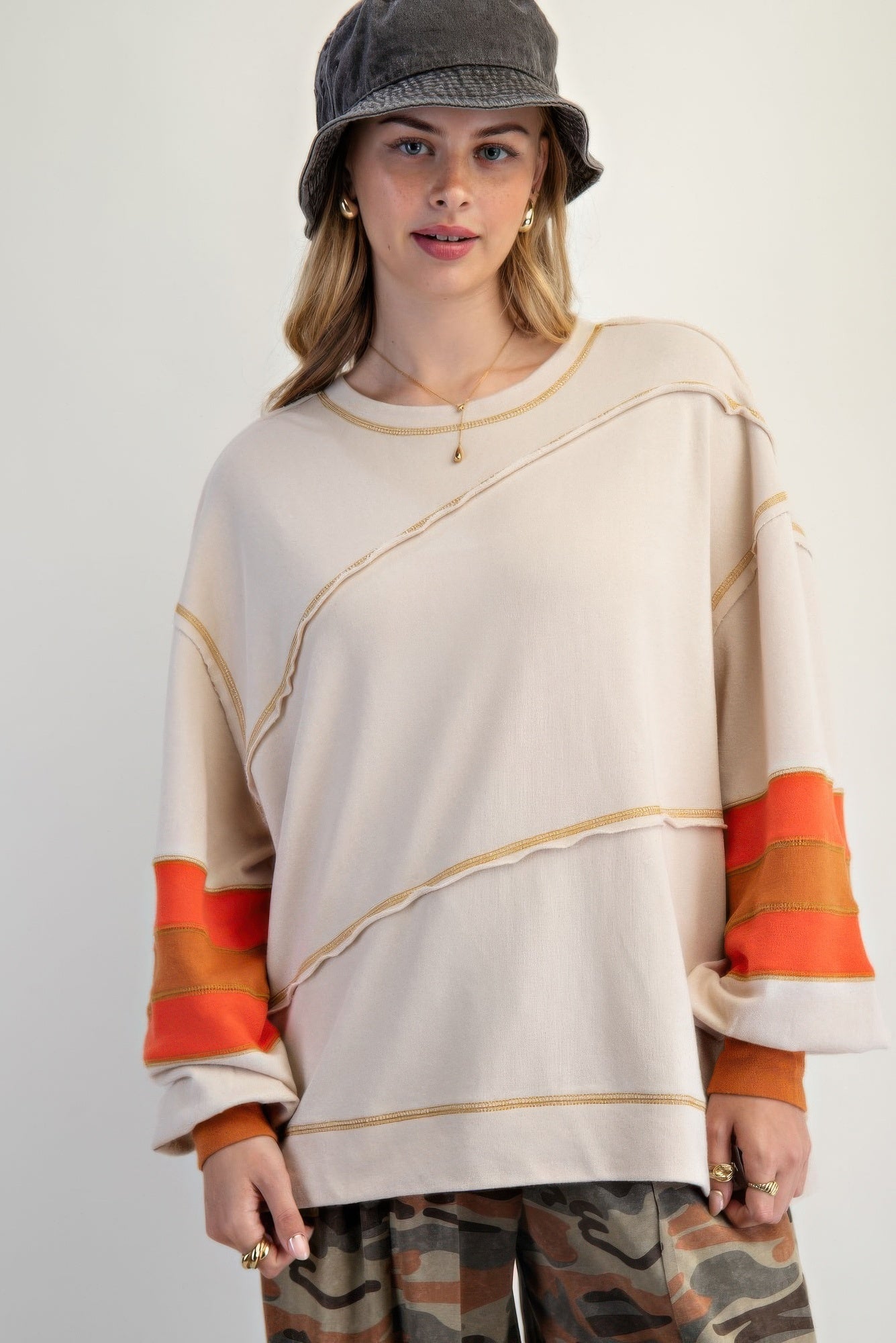 Color Mix Embroidered Washed Pullover - Wear Arielle