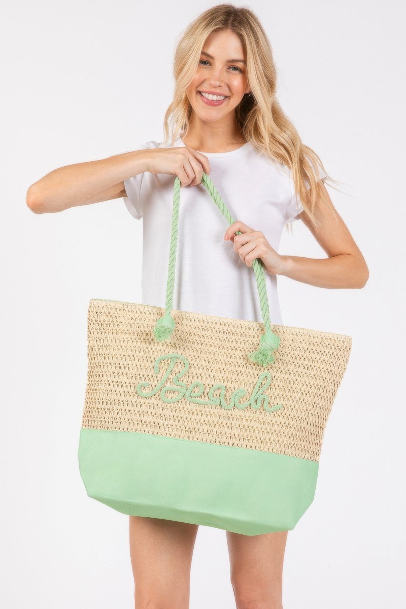 Color Sewn Rope Beach Letter And Strap Crochet Fabric Tote - Wear Arielle