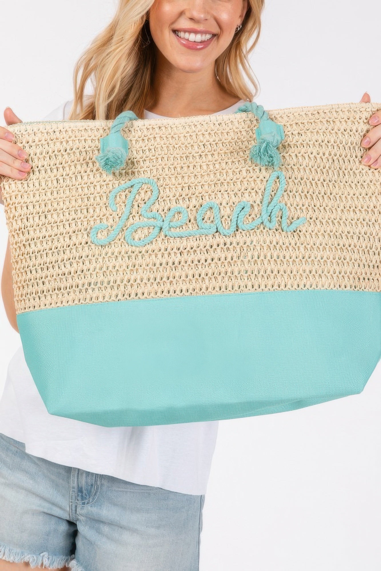 Color Sewn Rope Beach Letter And Strap Crochet Fabric Tote - Wear Arielle