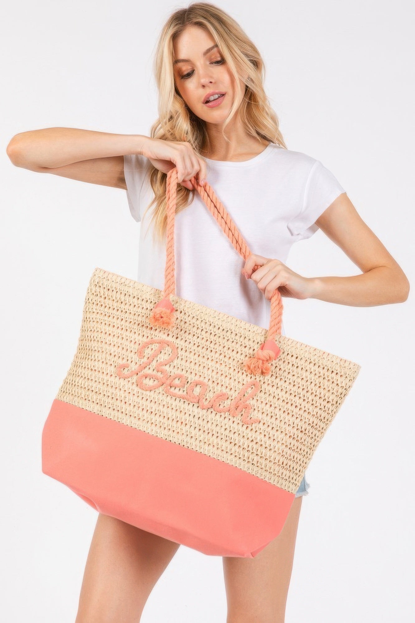 Color Sewn Rope Beach Letter And Strap Crochet Fabric Tote - Wear Arielle