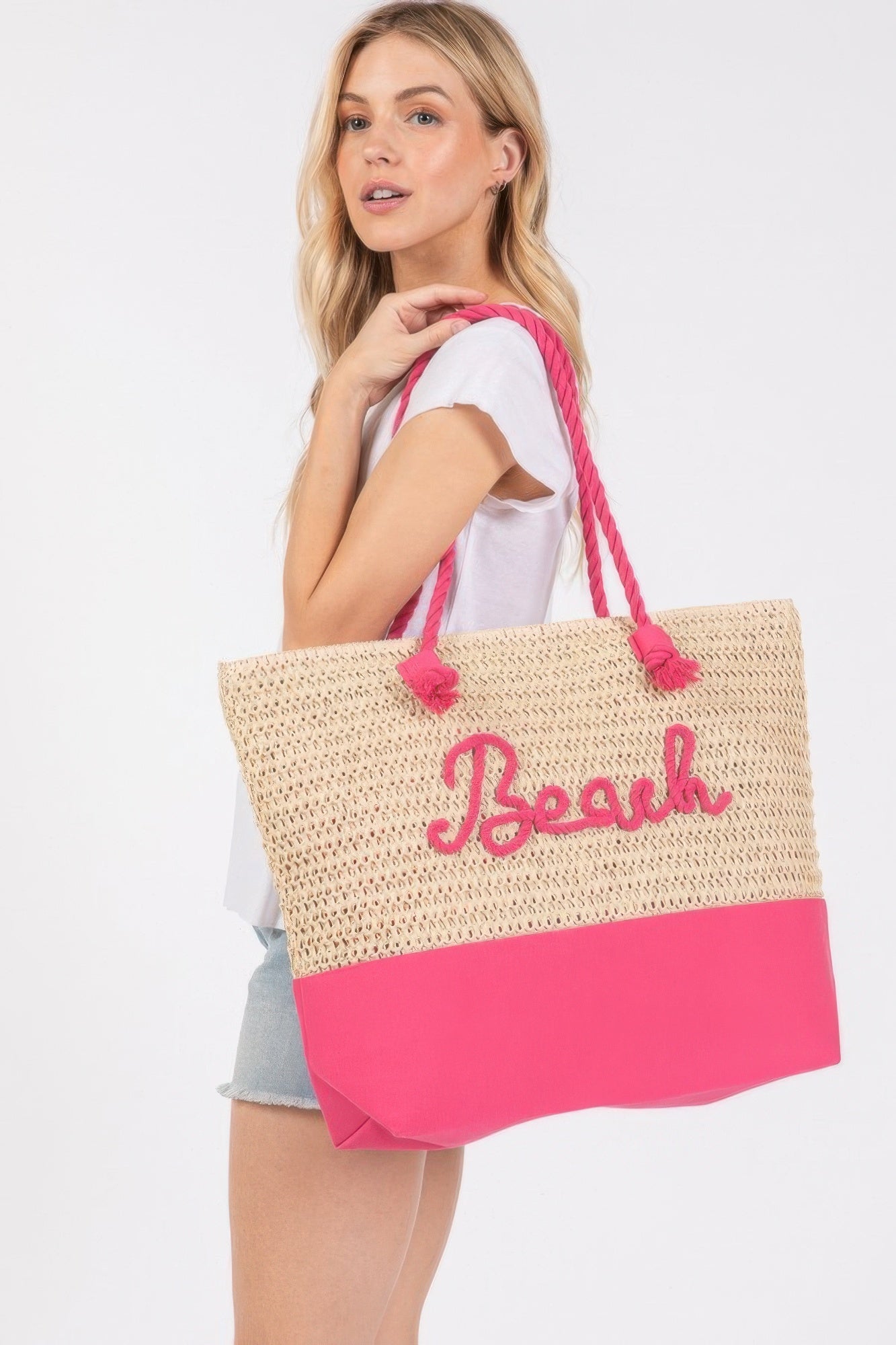 Color Sewn Rope Beach Letter And Strap Crochet Fabric Tote - Wear Arielle